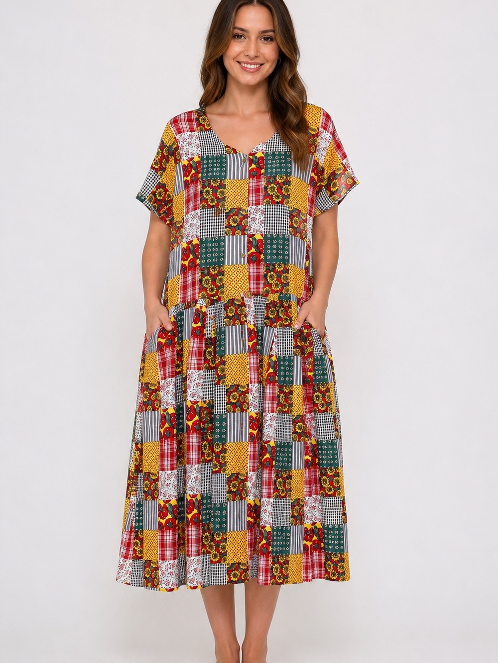 Vintage Bechamel Petites Patchwork Print Button Front Midi Dress Pockets PL